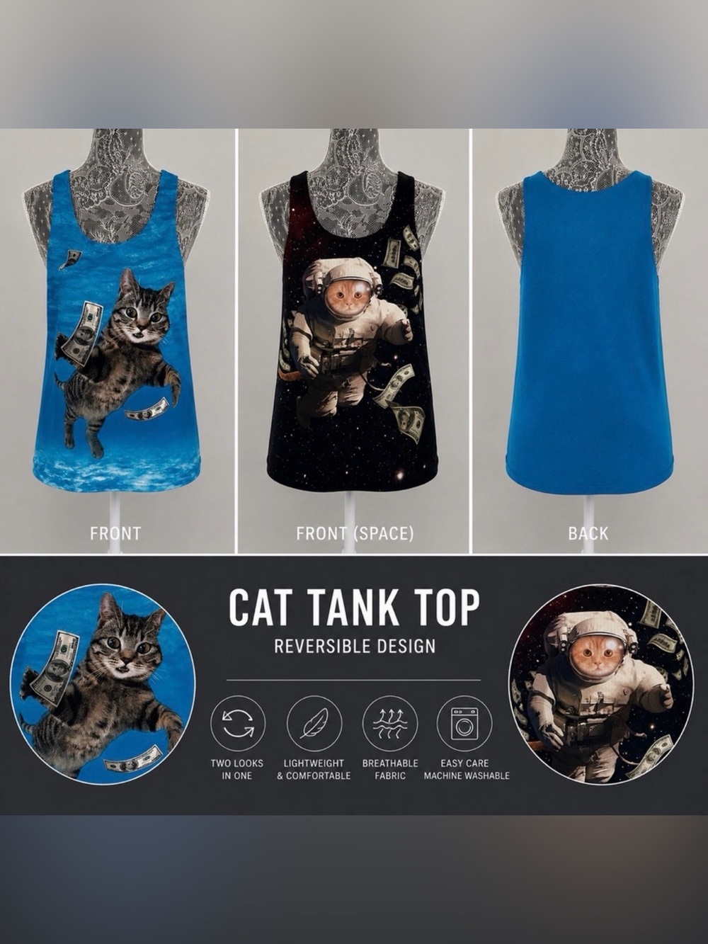 Cat Lovers Funny Cat Graphic Tank Top | Space & Money Print | Unisex Size Small